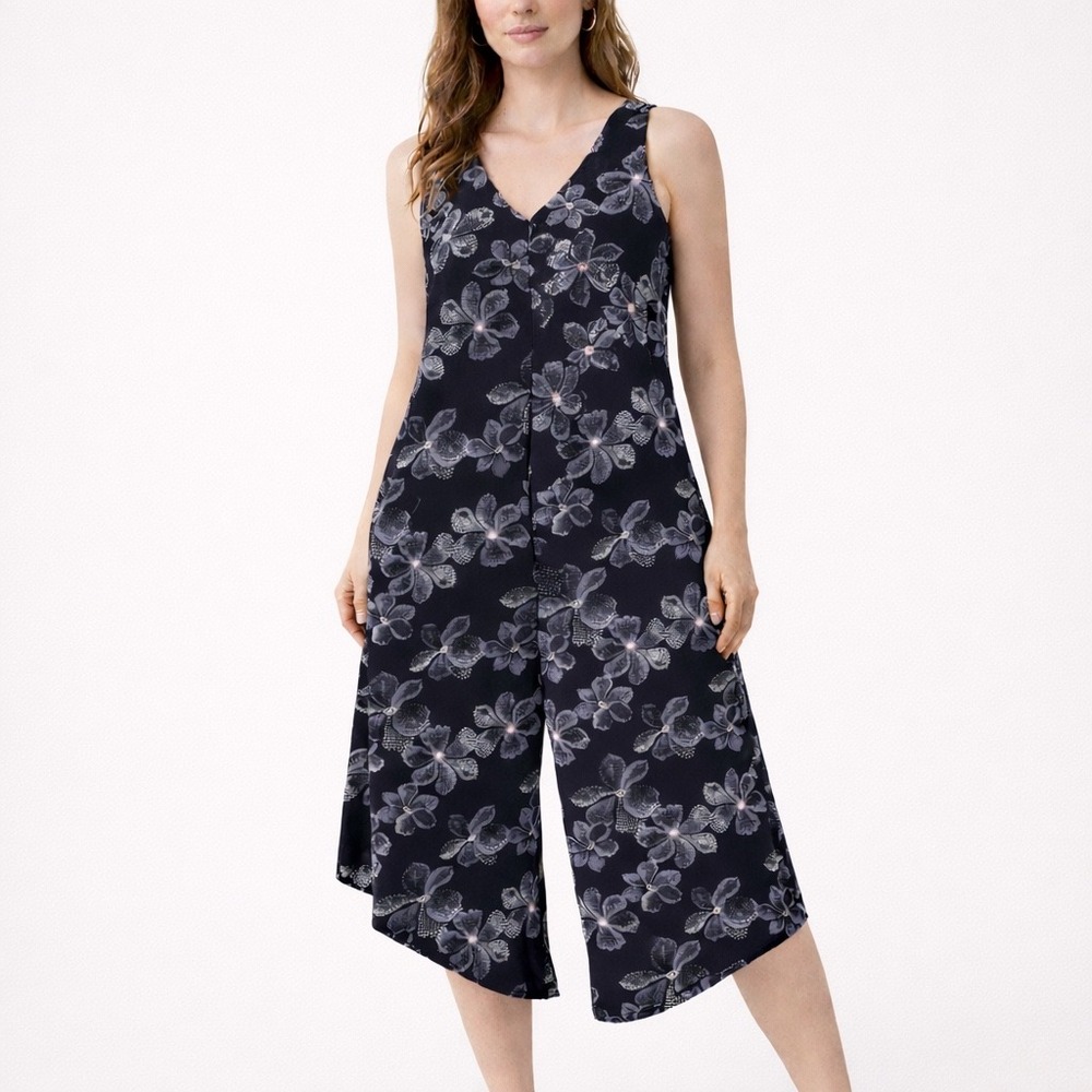Cocomo Women's Black Floral‎ Print V Neck Wide Leg Jumpsuit Size L Liquid Knit